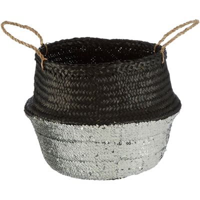 Salos Black and Silver Medium Seagrass Basket - Black, Silver - Thumbnail 2