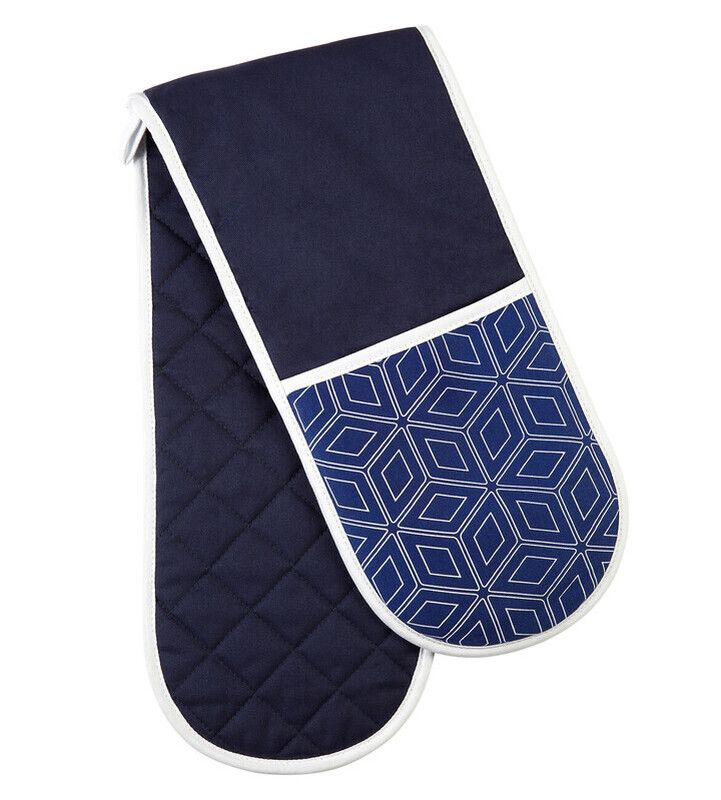 Modern Retro White Blue Double Oven Glove - Blue - Image 1