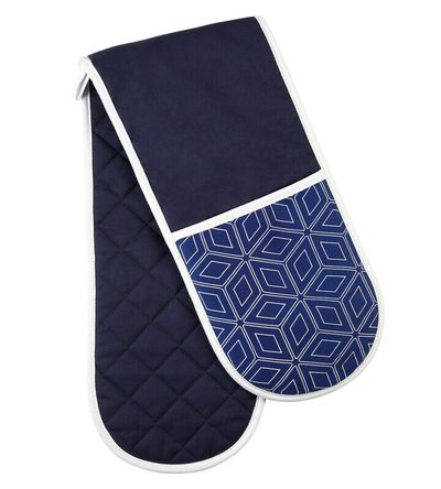 Modern Retro White Blue Double Oven Glove - Blue