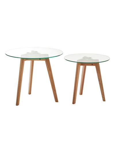 Nostra Set Of Two Glass Top Oak Wood Base Side Tables - Brown