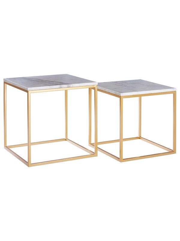 Avantis Set Of 2 Square Marble and Gold Nesting Tables - Gold, White - Image 1
