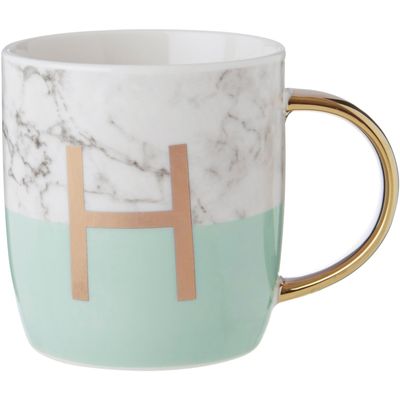 Frosted Deco Marble Effect and Pastel Green Monogram Mug, H - Green