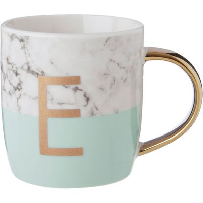 Frosted Deco Marble Effect and Pastel Green Monogram Mug, E - Green