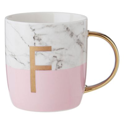 Frosted Deco Marble Effect and Pink Monogram Mug, F - Pink
