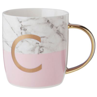 Frosted Deco Marble Effect and Pink Monogram Mug, C - Pink