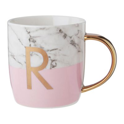 Frosted Deco Marble Effect and Pink Monogram Mug, R - Pink