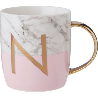 Frosted Deco Marble Effect and Pink Monogram Mug, N - Pink