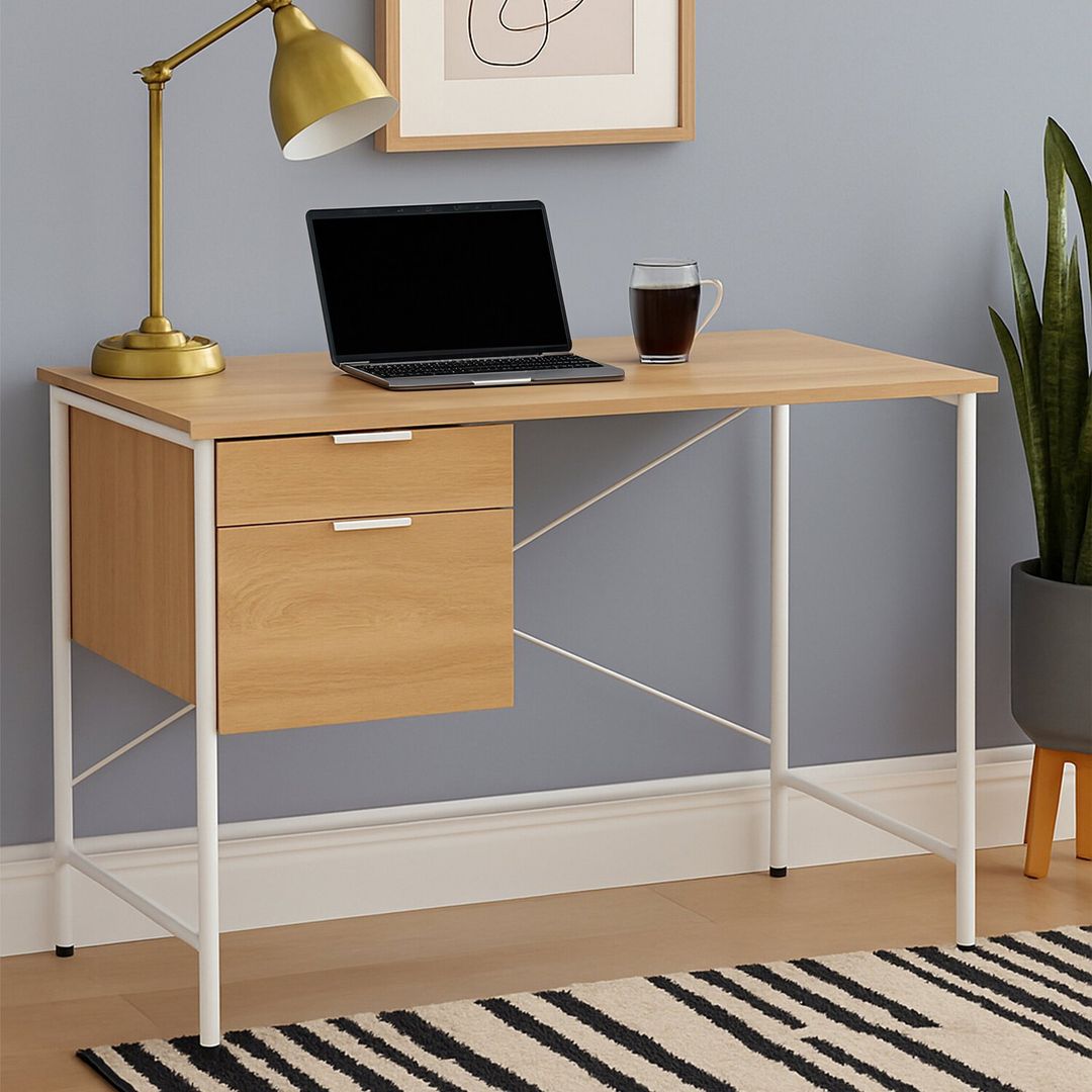 Bradbury Natural Oak Veneer Desk With Drawers - Natural - Image 1