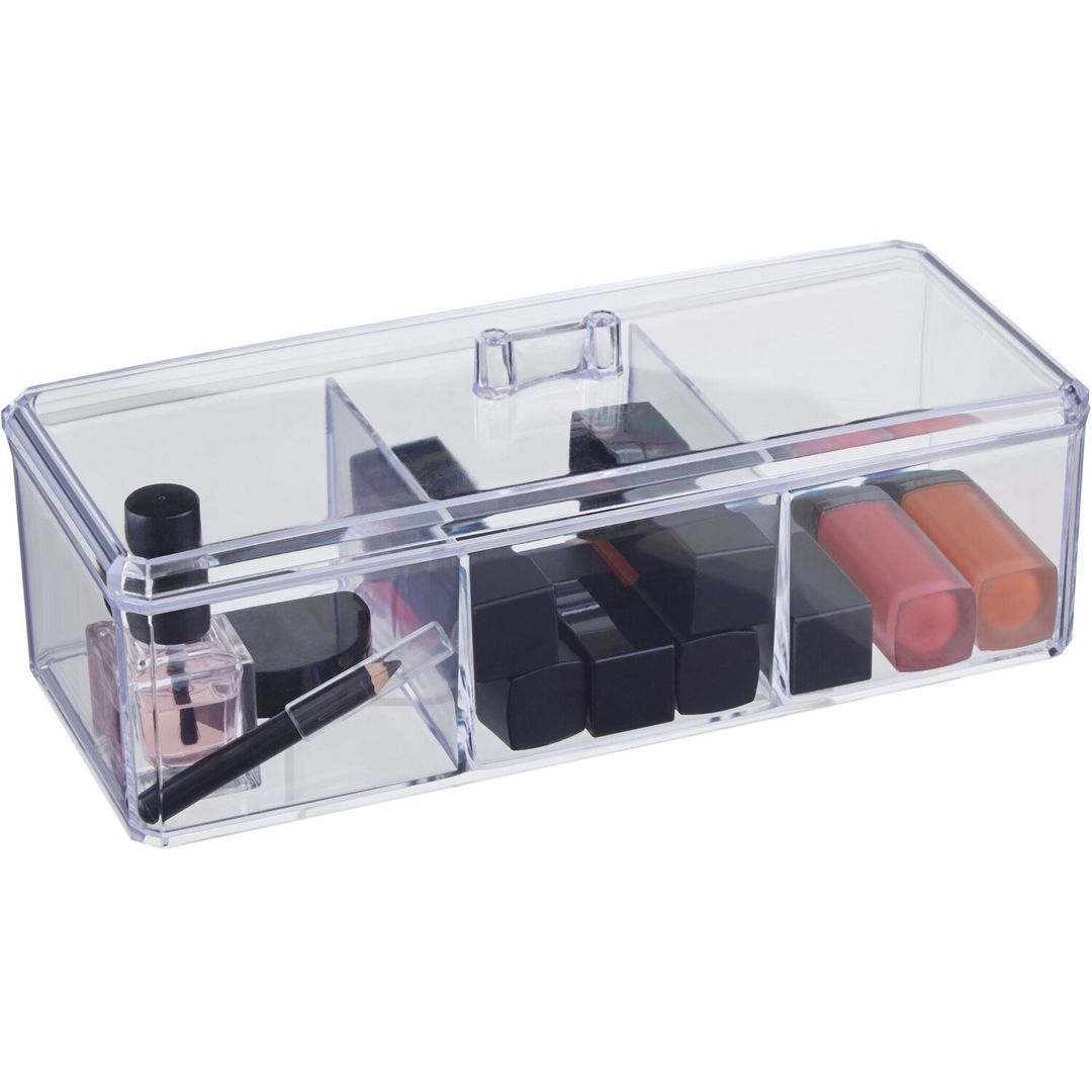 Beauty 3 Compartment Cosmetics Organiser With Lid - Clear - Image 1