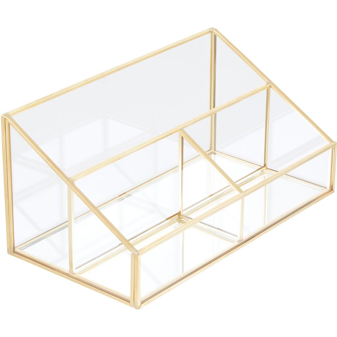 Beauty Glass Makeup Organiser with 3 Compartments - Gold - Image 1