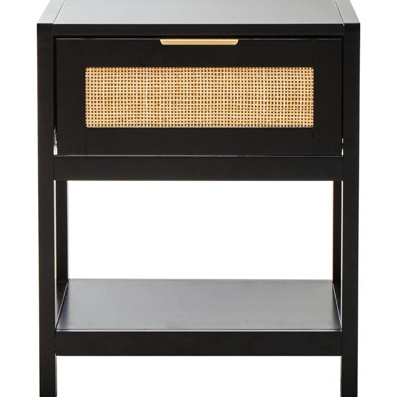 Sherman Black Wood and Natural Rattan One Drawer Bedside Table - Black - Image 1