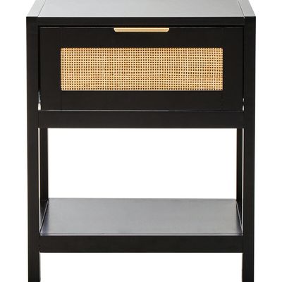 Sherman Black Wood and Natural Rattan One Drawer Bedside Table - Black