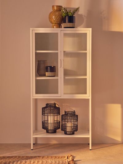 Acier Two Door White Metal Cabinet With Glass Doors - White - Thumbnail 2