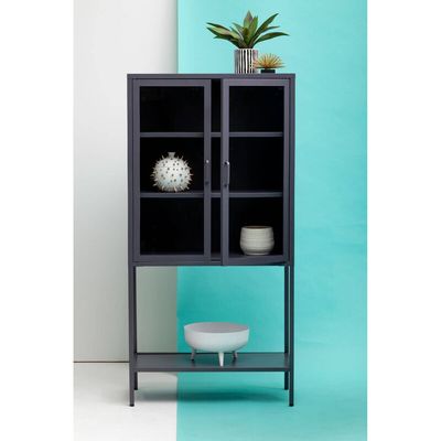 Acier Two Door Grey Metal Cabinet With Glass Doors - Grey - Thumbnail 2