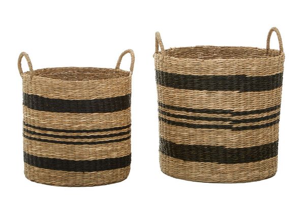 Arles Set of 2 Seagrass Baskets with Black Stripes. - Black, Natural