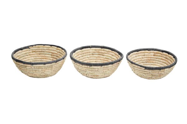 Lidi Set Of 3 Palm Leaf Baskets With Black Trim