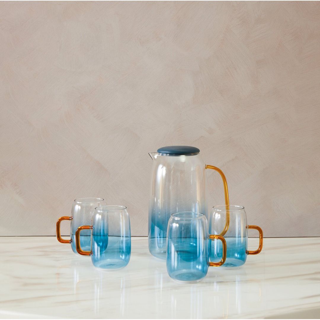 Noa Glass Ombre Blue Pitcher and Cup Set - Clear, Blue - Image 1