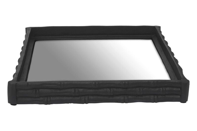 Hiba Black Finish Bamboo Effect Mirrored Tray - Black - Image 1
