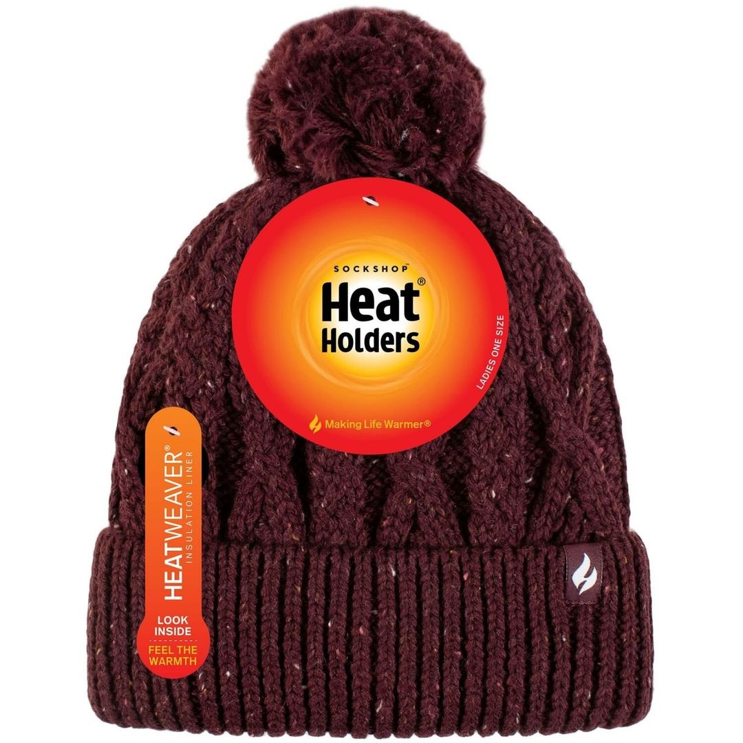 Women's 1 Pack SOCKSHOP Heat Holders Salzburg Cable Knit Hat Wine One Size - Image 1