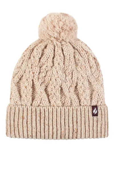 Cosy Pom Pom Bobble Hat for Women | Cable Knit Beanie with Fleece Lining - Beige