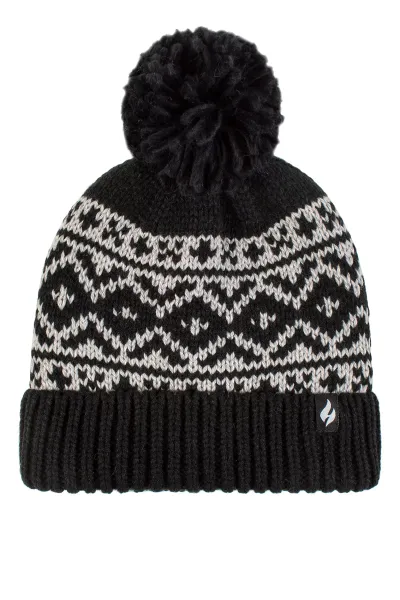 Cosy Patterned Bobble Hat for Women | Cable Knit Beanie with Fleece Lining - Black
