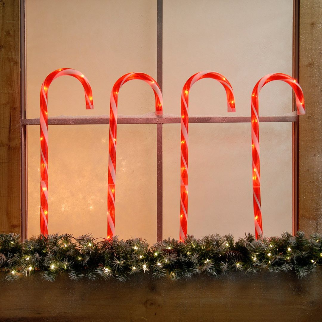 Festive Red and White Outdoor Candy Cane Christmas Stake Light 4 Pack - Image 1