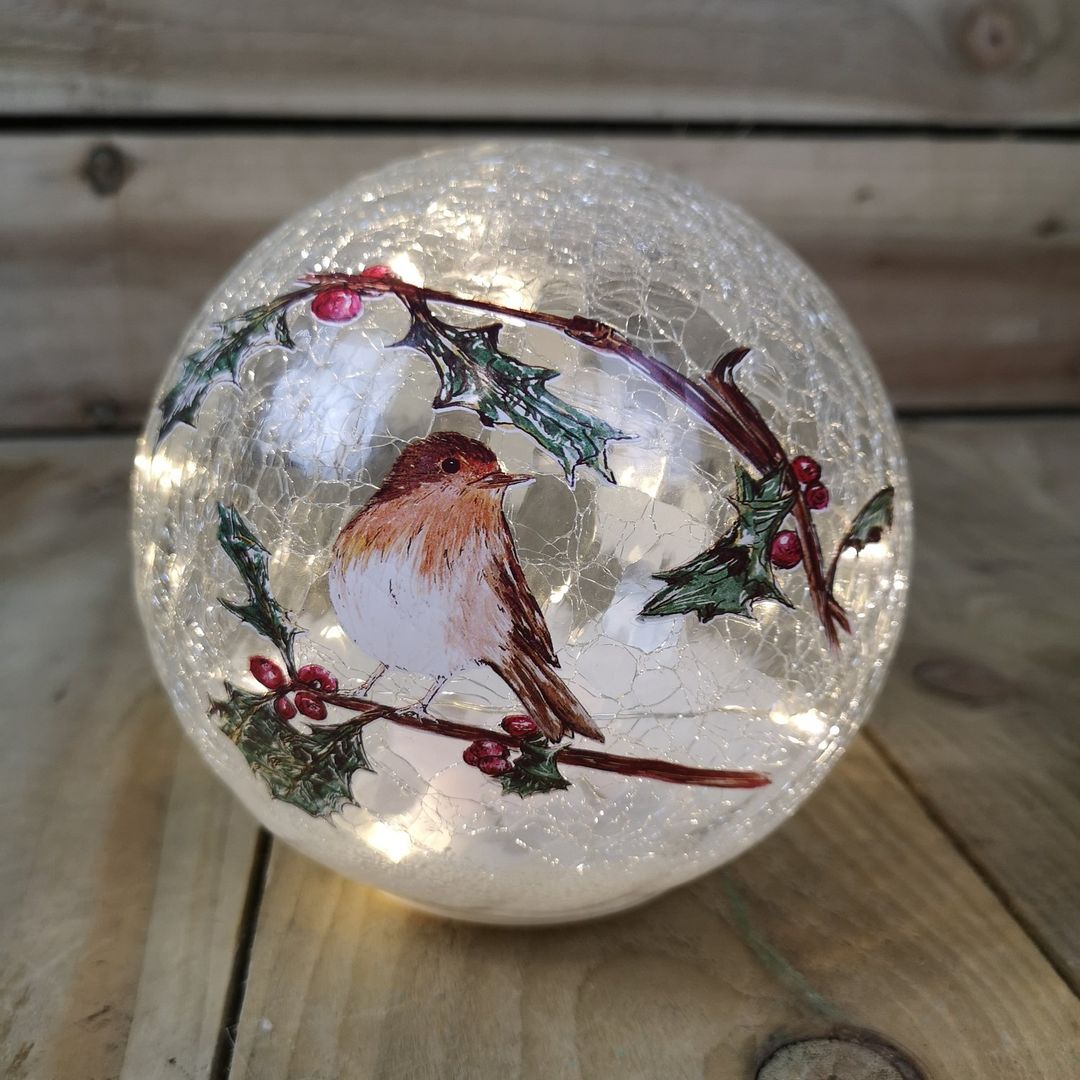 Festive 15cm Battery Operated Indoor Christmas LED Lit Crackle Effect Robin Ball - White globe light - Image 1