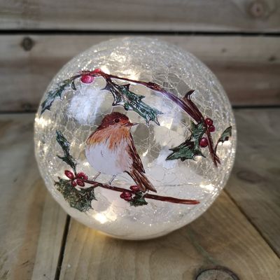 Festive 15cm Battery Operated Indoor Christmas LED Lit Crackle Effect Robin Ball - White globe light