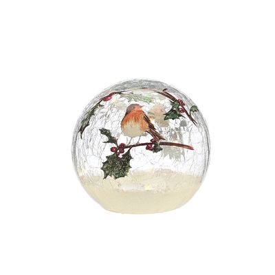 Festive 15cm Battery Operated Indoor Christmas LED Lit Crackle Effect Robin Ball - White globe light - Thumbnail 2