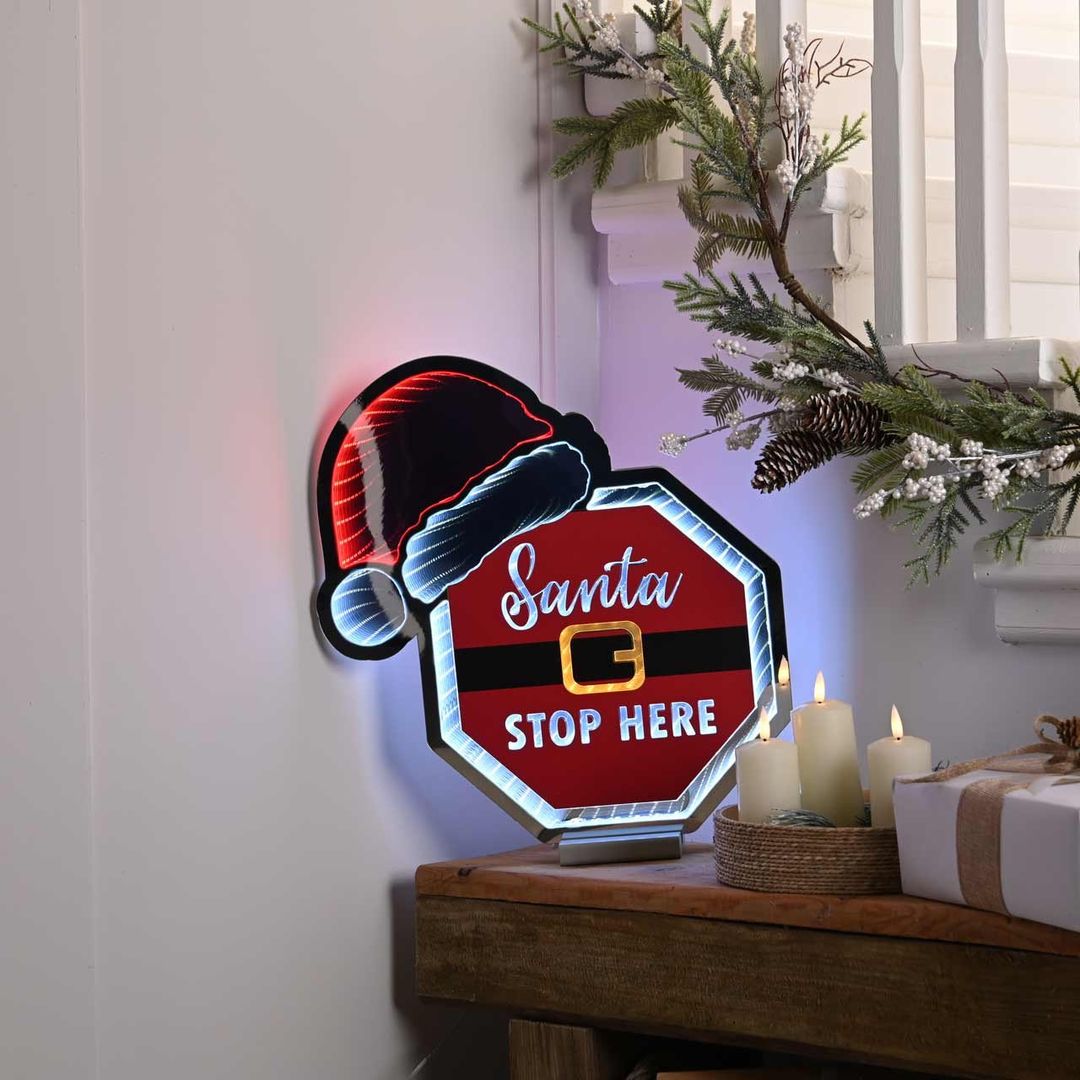 Festive 40cm Infinity SANTA STOP HERE With Hat Infinity Light - Image 1