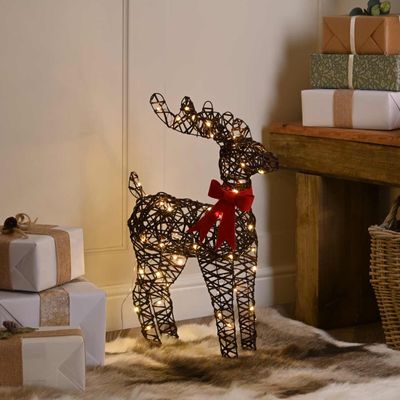 Festive 60cm Battery Operated Lit Reindeer With Bow 60 Warm White LEDs