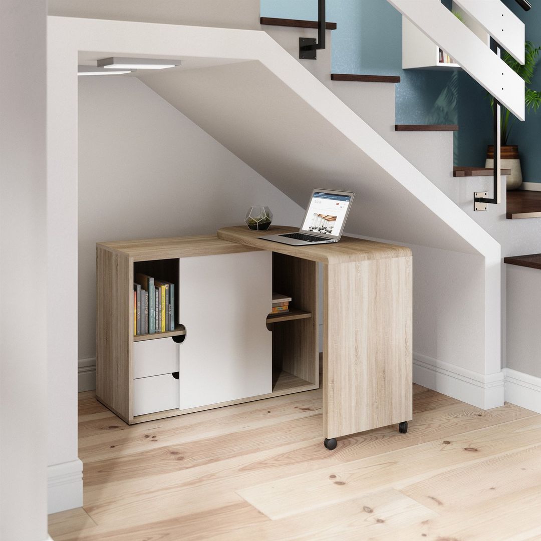TEKNIK 7700007 Pivot Cupboard Desk - White & Oak Effect - Image 1