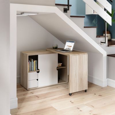 TEKNIK 7700007 Pivot Cupboard Desk - White & Oak Effect