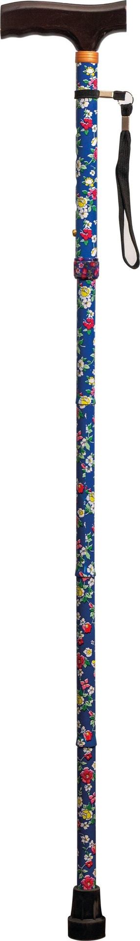 Folding Walking Stick With Strap - Blue Floral - Image 1