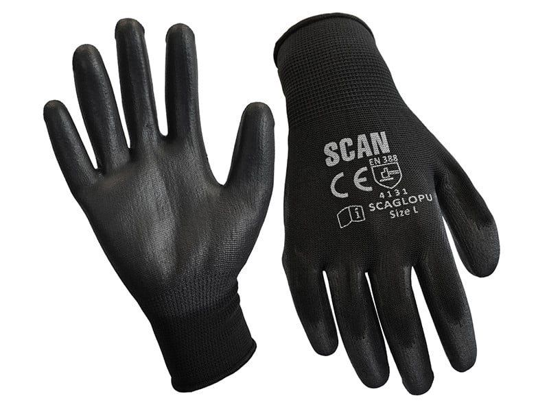 Scan PU Coated Work Gloves Black L Pack of 12 - Image 1
