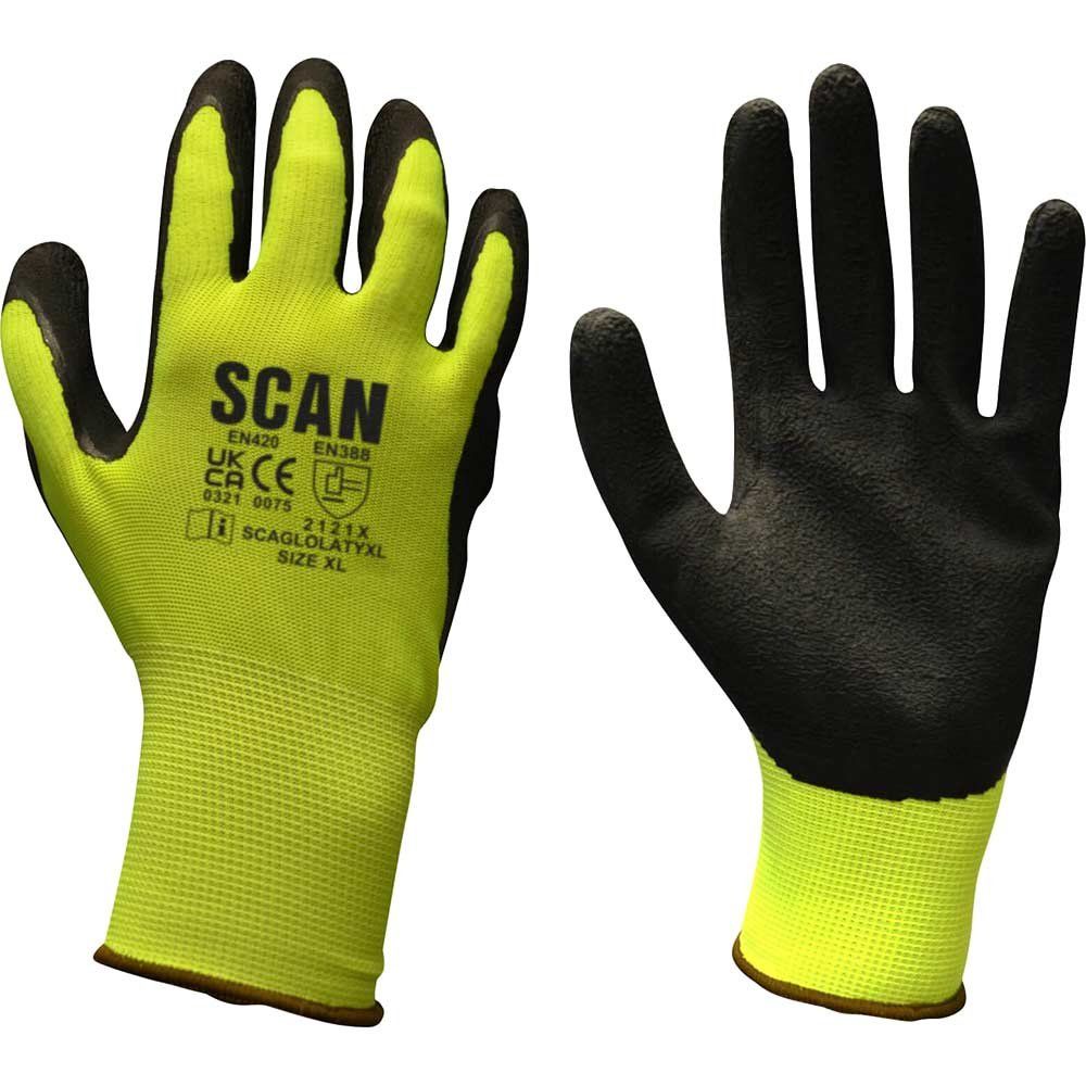 Scan Hi-Vis Yellow Foam Latex Coated Gloves - M (Size 8) - Image 1