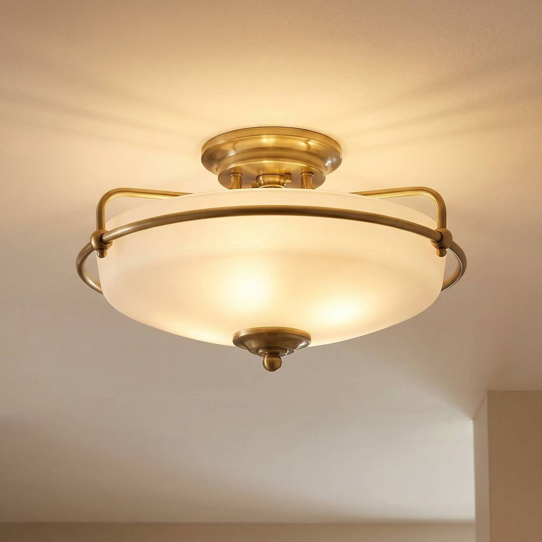 QUOIZEL Griffin F ceiling light, brass/opal glass, Ø 42 cm - Image 1