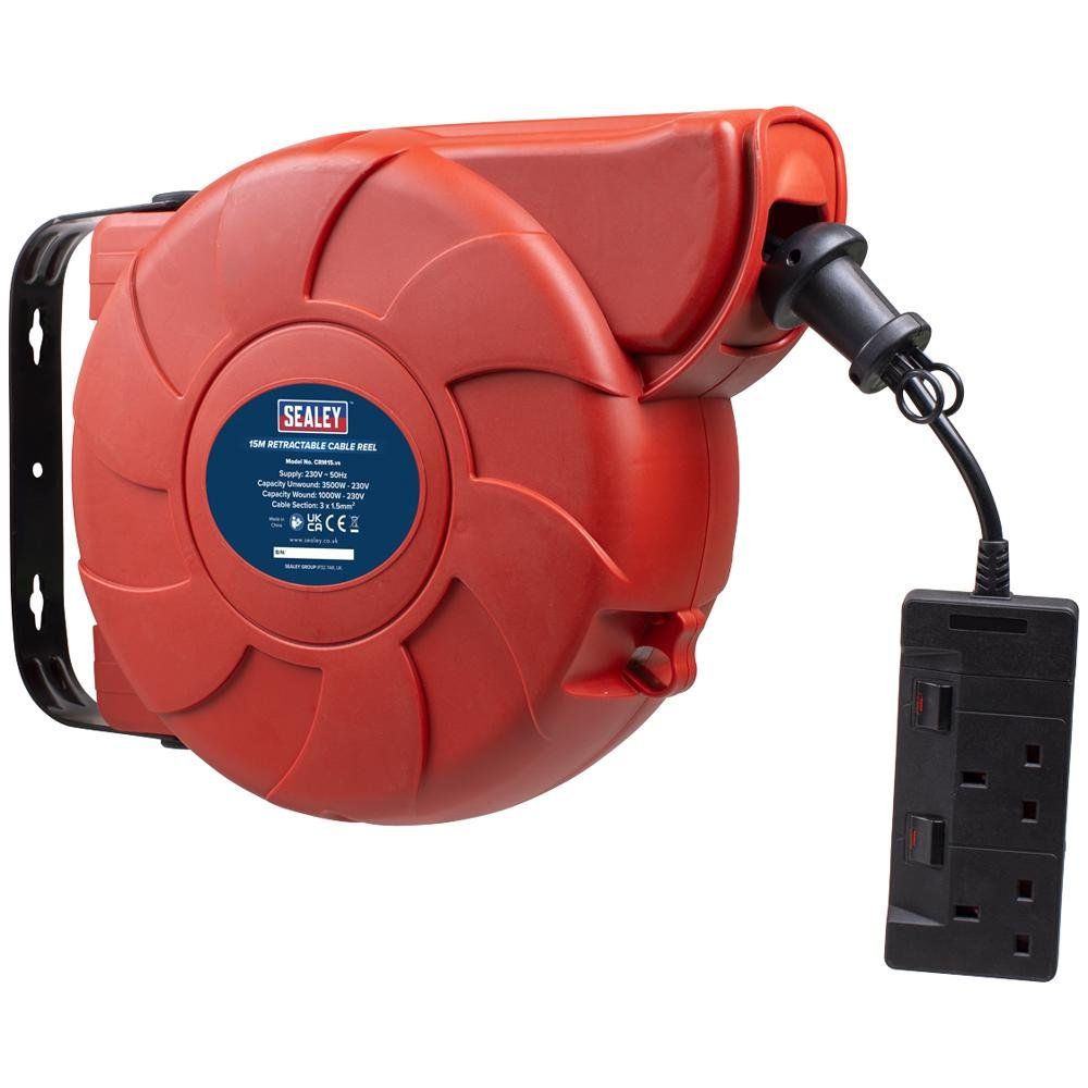 Sealey 2 Socket Wall Mount Cable Extension Reel 240v 15m - Image 1