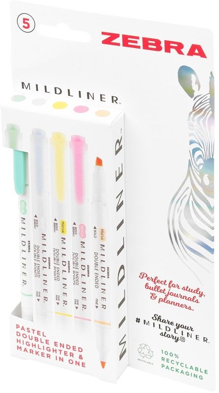Zebra Mildliner Twin Tip Highlighter Marker Assorted Pastel (Pack 5) - 2597 - Image 1