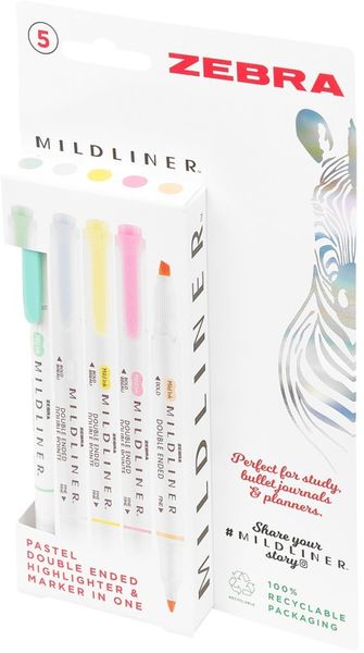 Zebra Mildliner Twin Tip Highlighter Marker Assorted Pastel (Pack 5) - 2597