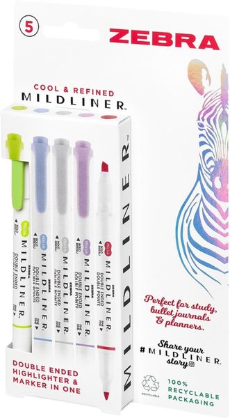 Zebra Mildliner Twin Tip Highlighter Marker Assorted Cool and Refined (Pack 5) - 2690
