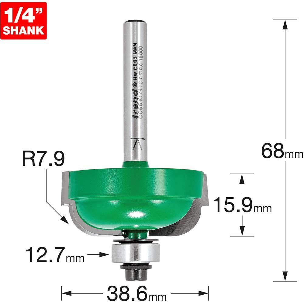 Trend CRAFTPRO Radius Bearing Guided Router Cutter 38.6mm 15.9mm 1/4" - Image 1