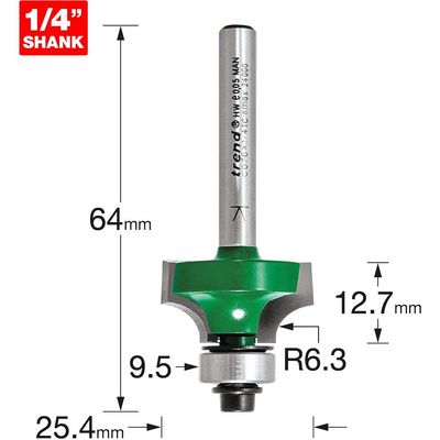Trend C076X1/4TC C076 X 1/4 Tct Bearing Guided Ovolo & Round Over 6.3Mm Radius