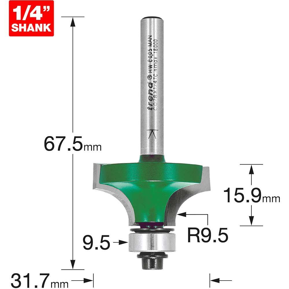 Trend C078X1/4TC C078 X 1/4 Tc Round Over Two Flute Cutter 9.5 X 15.9Mm - Image 1
