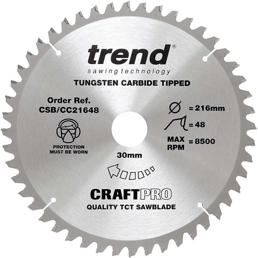Trend Craft Pro 216Mm Diameter 30Mm Bore 48 Tooth Medium/Fine Cut Saw Blade For Mitre Saws Pk 1 CSB/CC21648 - Image 1