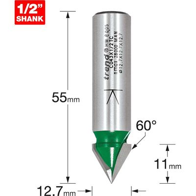 Trend Chamfer V Groove Cutter Angle=60 Degrees Pk 1 C043X1/2TC