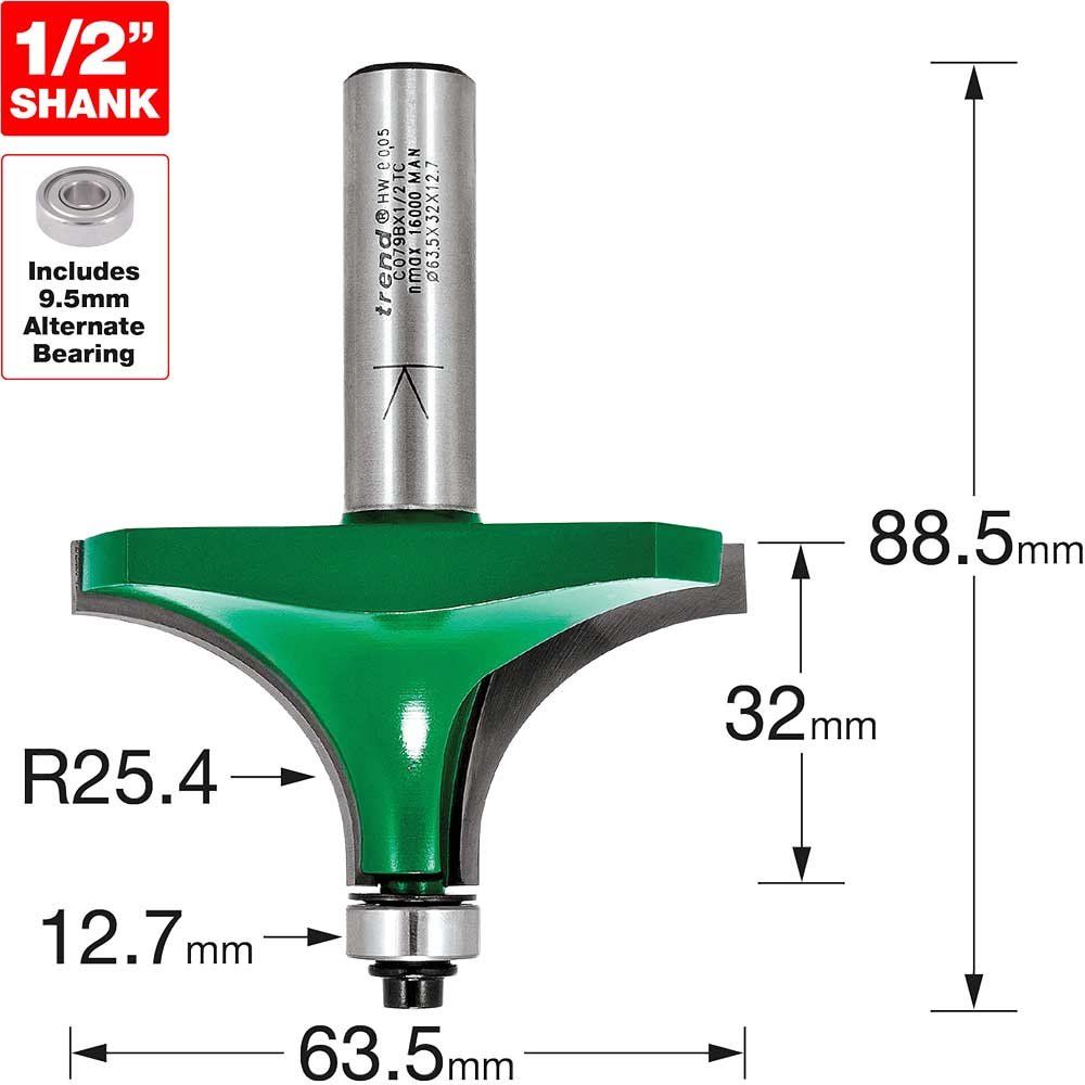 Trend CraftPro Bearing Guided Round Over and Ovolo Router Cutter 63.5mm 32mm 1/2" - Image 1