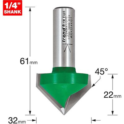 Trend Chamfer V Groove Cutter Angle=45 Degrees Pk 1 C045AX1/2TC