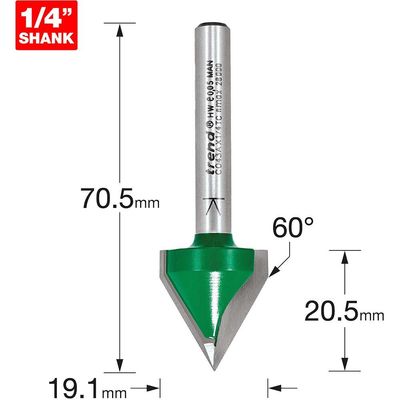Trend CRAFTPRO Chamfer V Grovve Router Cutter 19mm 20.5mm 1/4"