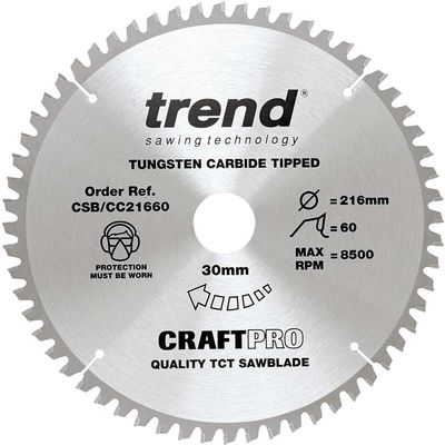 Trend Craft Pro 216Mm Diameter 30Mm Bore 60 Tooth Fine Finish Cut Saw Blade For Mitre Saws Pk 1 CSB/CC21660